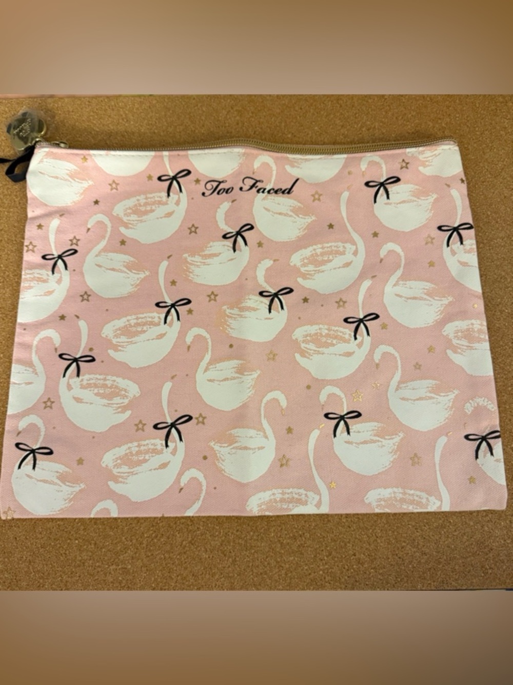 Too Faced Cloth Makeup Bag in Pink with White Swans and Gold Hardware New